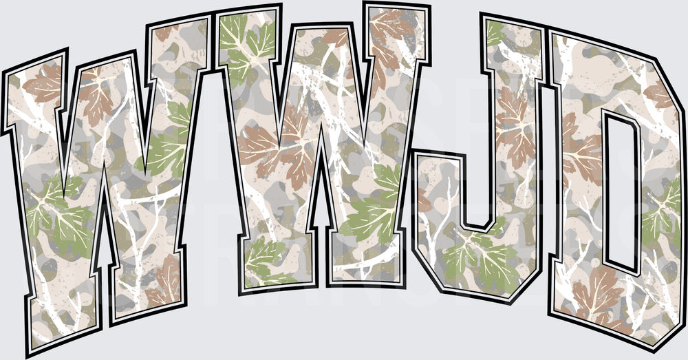 WWJD Camo Leaf Arched Bold Block Letters (DTF)