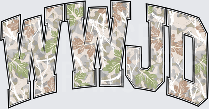 WWJD Camo Leaf Arched Bold Block Letters (DTF)