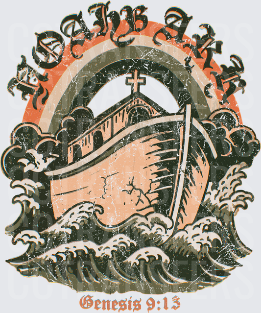 Noah's Ark Genesis 9:13 Vintage Waves Cross Rainbow (DTF)