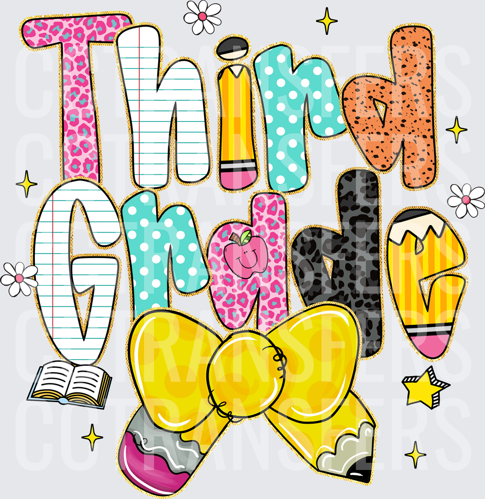 Third Grade Patterned Letters Bow Pencil School Design (DTF)