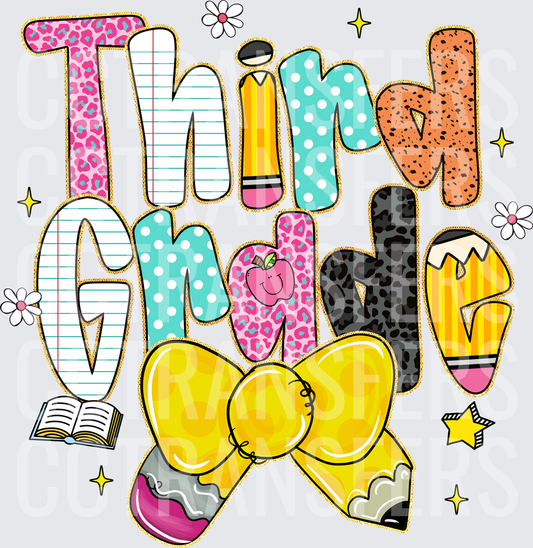 Third Grade Patterned Letters Bow Pencil School Design (DTF)