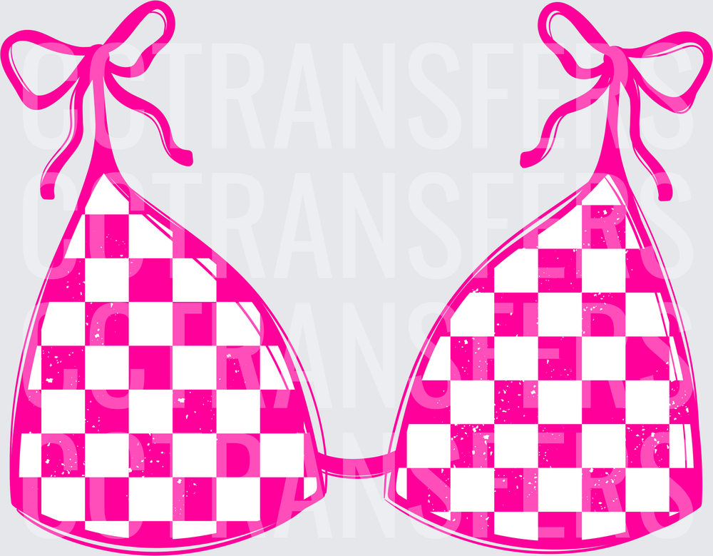 Hot Pink Checkered Bikini Top with Bow Ties (DTF)