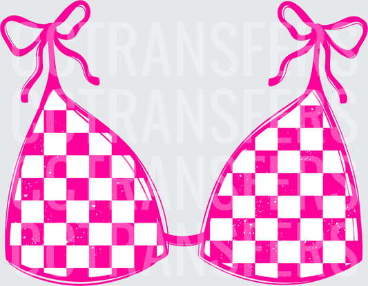 Hot Pink Checkered Bikini Top with Bow Ties (DTF)