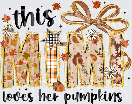 This Mimi Loves Her Pumpkins Fall Autumn Leaves Bow (DTF)