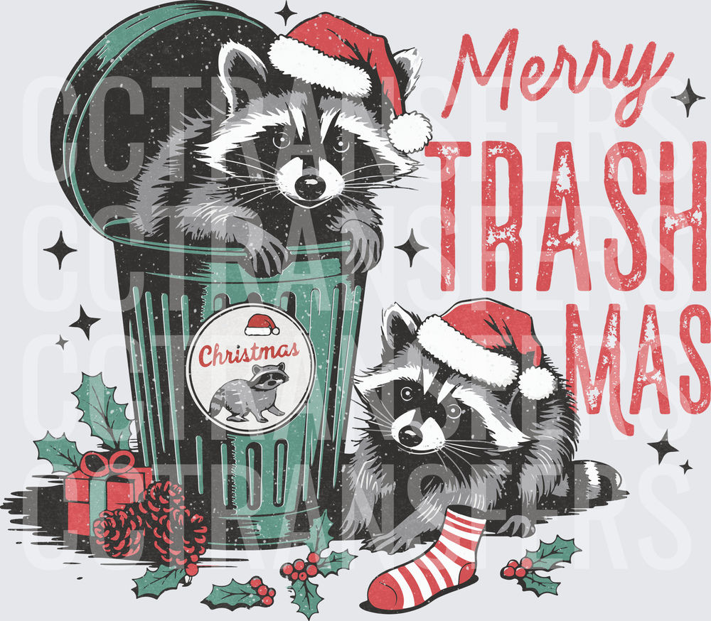 Merry Trash Mas Raccoons in Santa Hats Trash Can (DTF)
