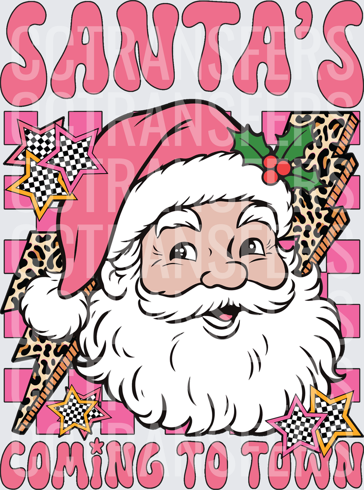 Santa's Coming To Town Retro Pink Leopard Bolt (DTF)