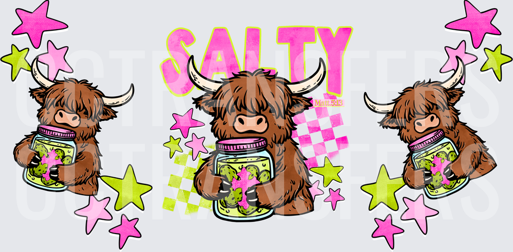 Salty Highland Cow Pickle Jar Pink Stars Triple Design (DTF)