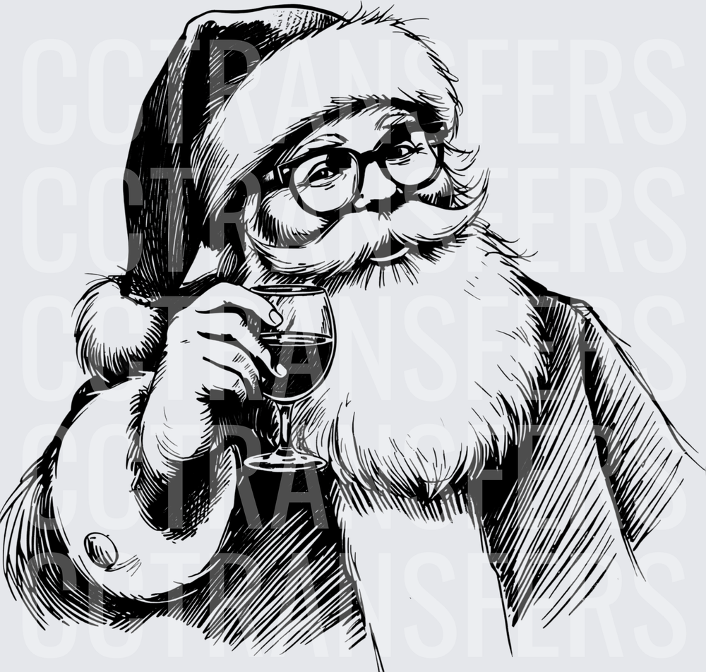 Santa Claus With Glasses Holding Wine Glass Ink Art (DTF)