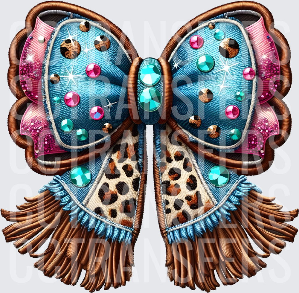 Turquoise Denim Bow Leopard Print Fringe Rhinestone (DTF)