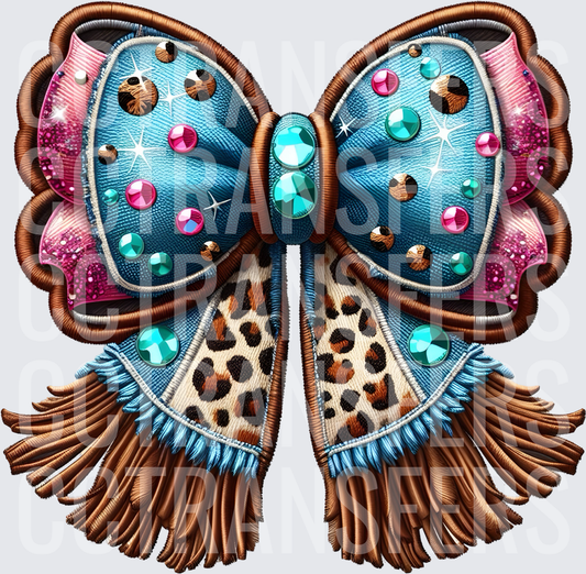 Turquoise Denim Bow Leopard Print Fringe Rhinestone (DTF)