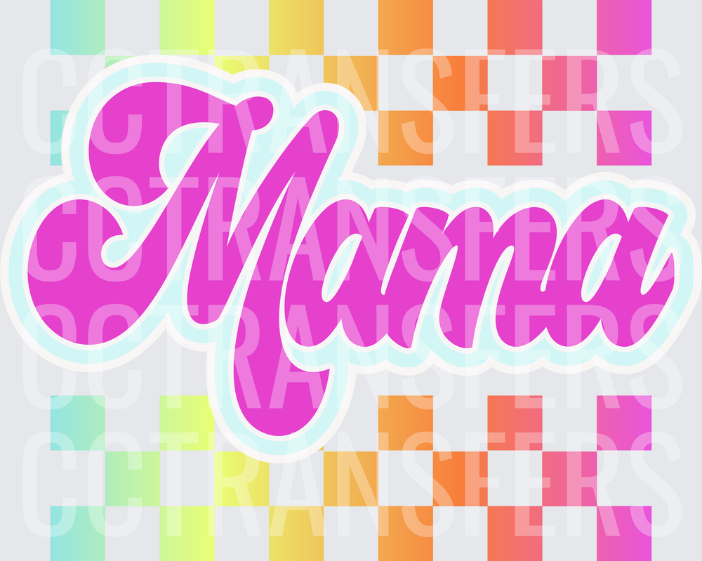 Retro Groovy Mama Script Rainbow Checkered Background (DTF)