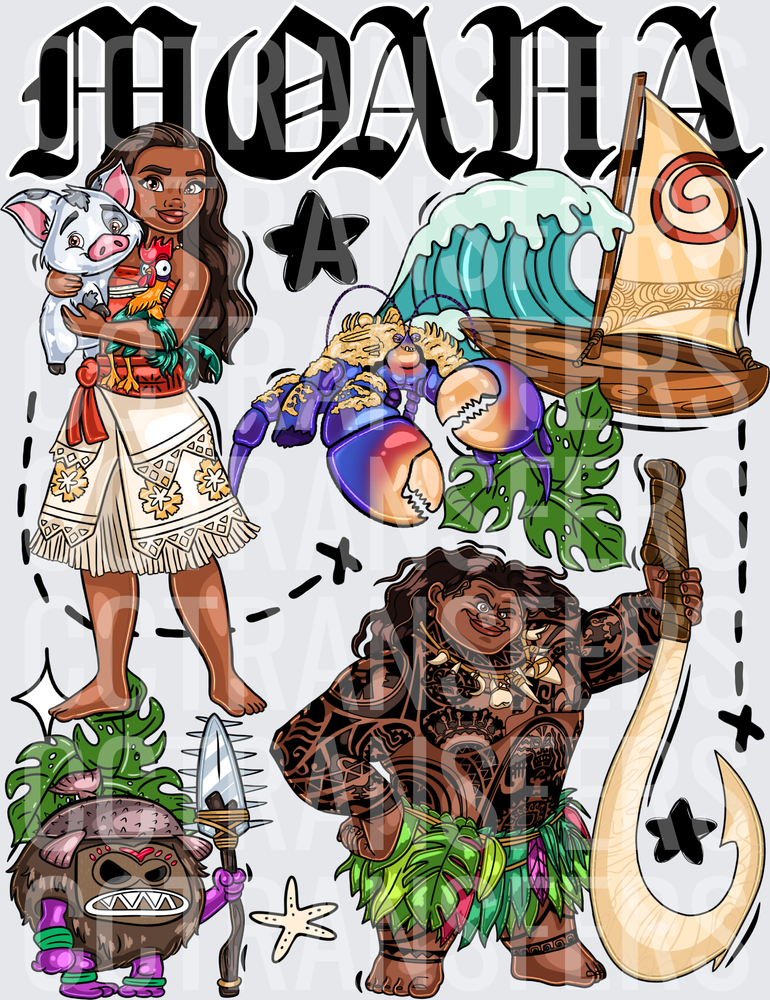 Moana Characters Collage Tropical Princess Maui DTF
