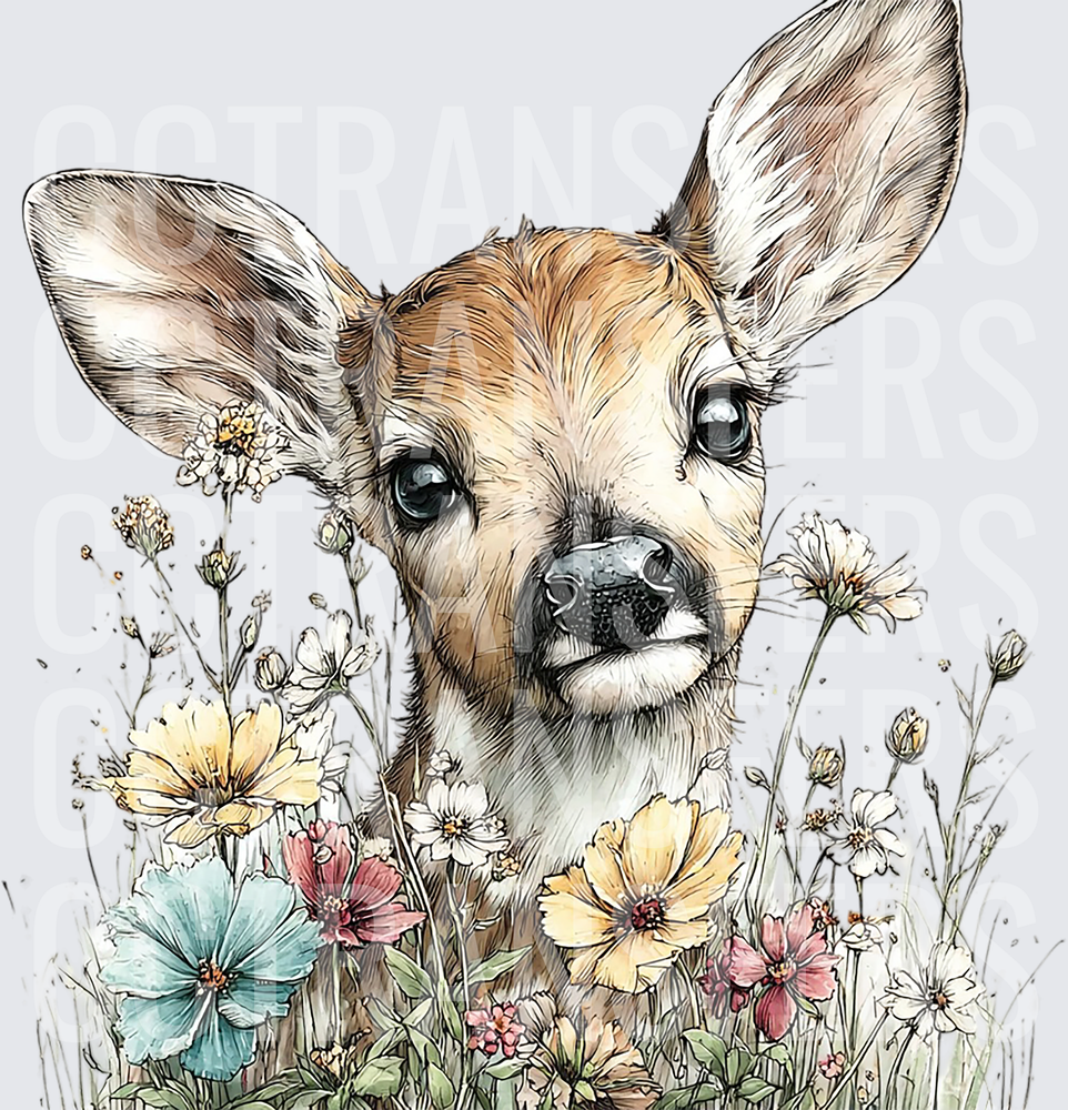 Cute Baby Deer Fawn Surrounded by Wildflowers (DTF)