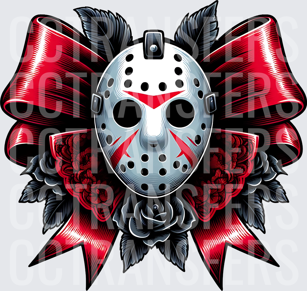 Horror Hockey Mask Red Bow Black Roses Floral Gothic (DTF)