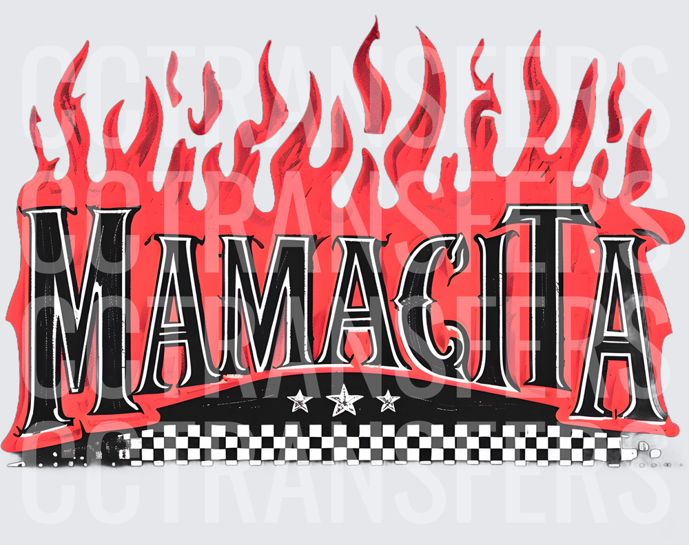Mamacita Bold Flame Letters Checkered Stars (DTF)