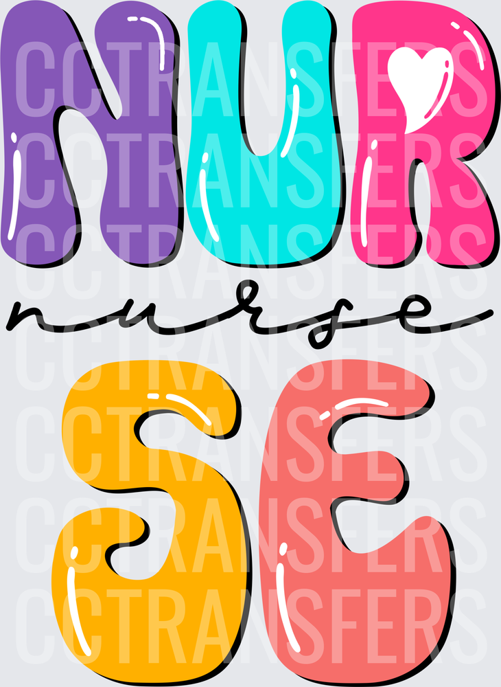 Colorful Bubble Letter NURSE Typography with Heart (DTF)