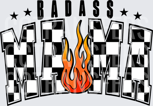Badass Mama Checkered Flag Flames Stars Bold (DTF)