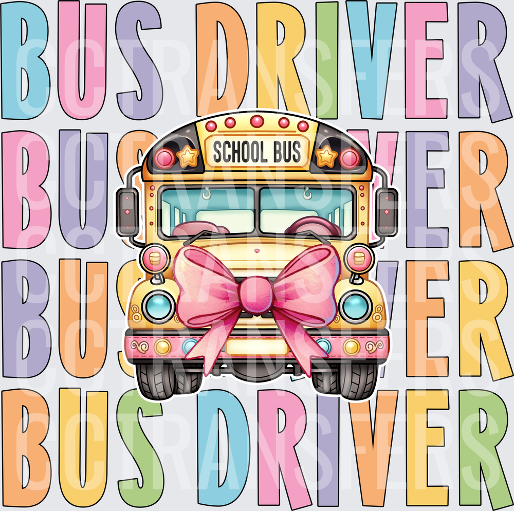 Bus Driver School Bus with Pink Bow Colorful Stacked Text (DTF)