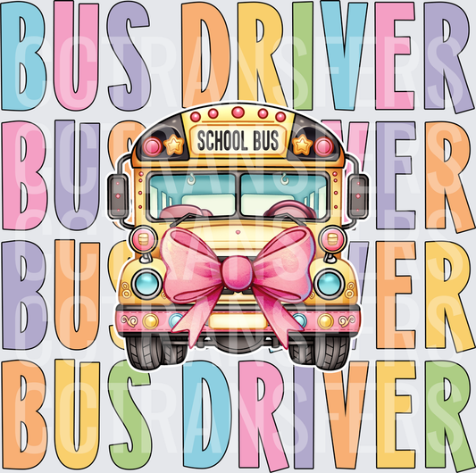 Bus Driver School Bus with Pink Bow Colorful Stacked Text (DTF)