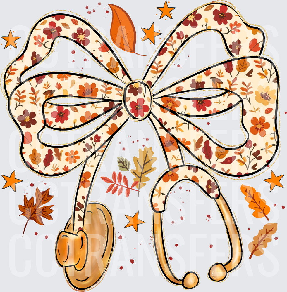 Fall Floral Bow Stethoscope Autumn Leaves Stars (DTF)