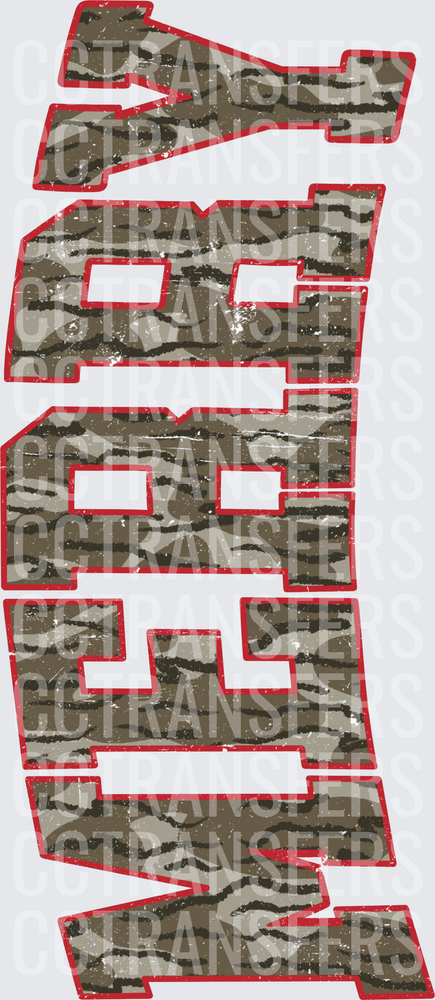 Camo Print Bold Block Letters Distressed Red Outline (DTF)