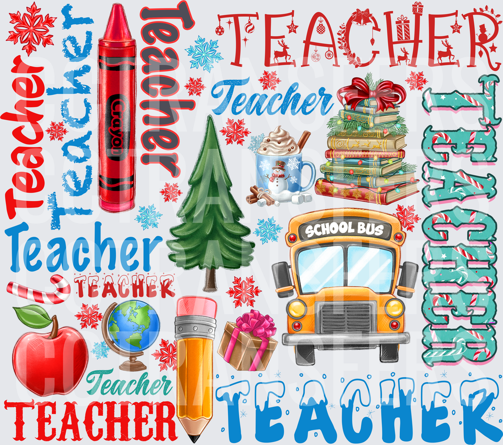 Christmas Teacher Word Collage with School Icons (DTF)