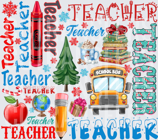 Christmas Teacher Word Collage with School Icons (DTF)