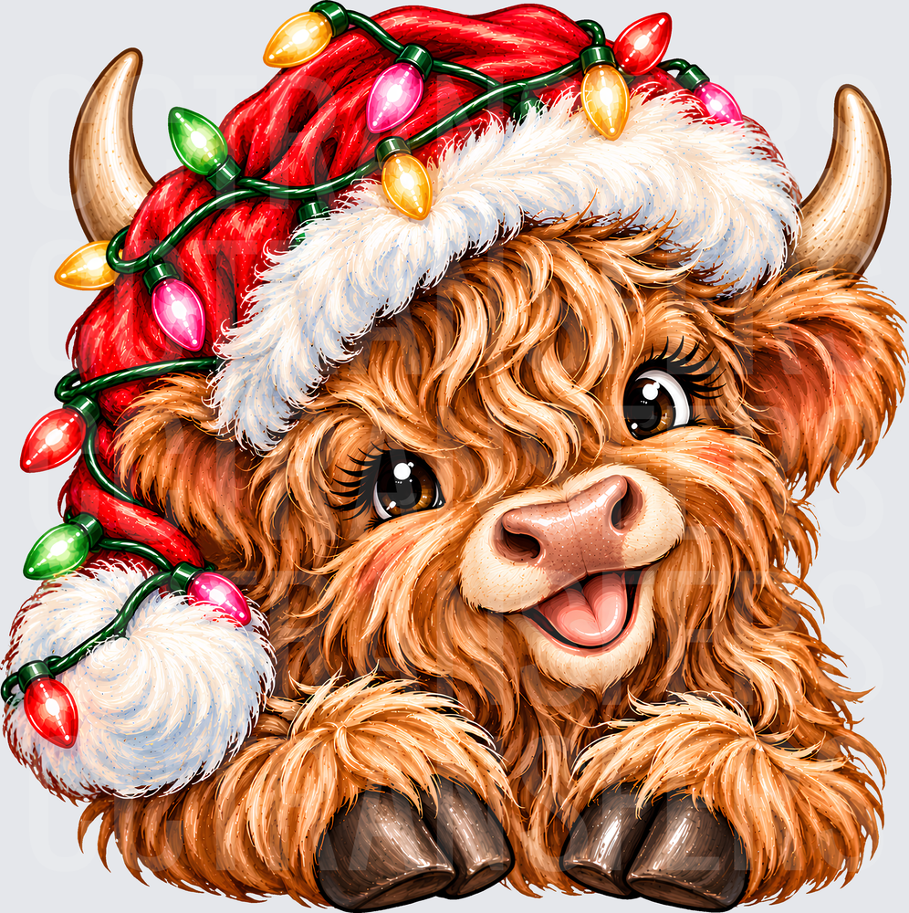 Cute Fluffy Baby Highland Cow Santa Hat Christmas Lights (DTF)