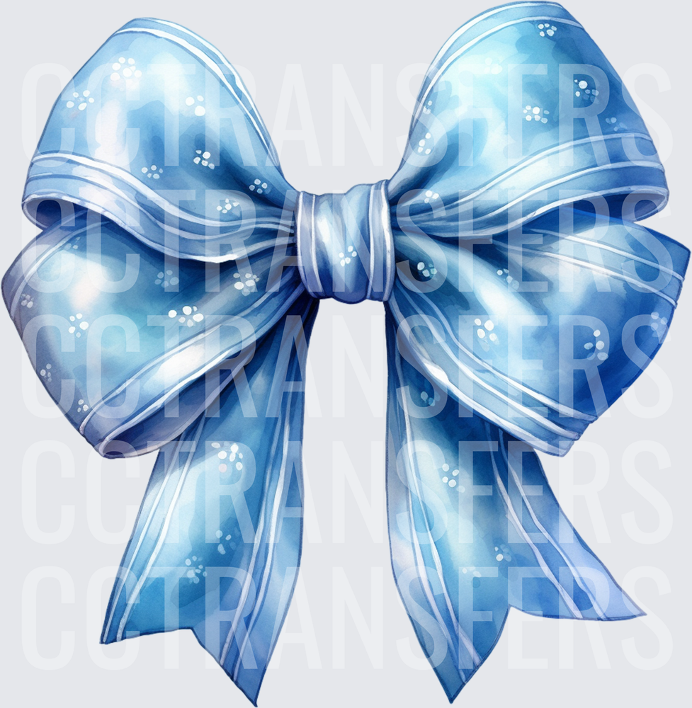 Watercolor Blue Satin Bow with White Stripe Accents (DTF)