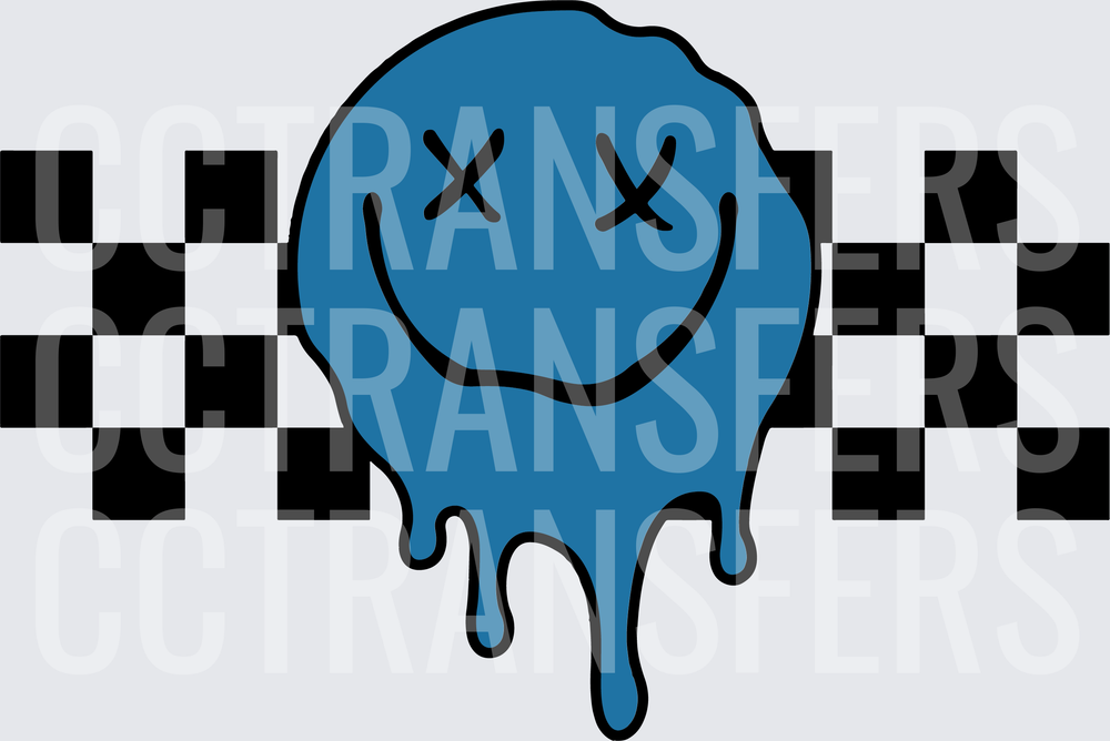 Blue Melting X-Eye Smiley Face Checker Flag (DTF)