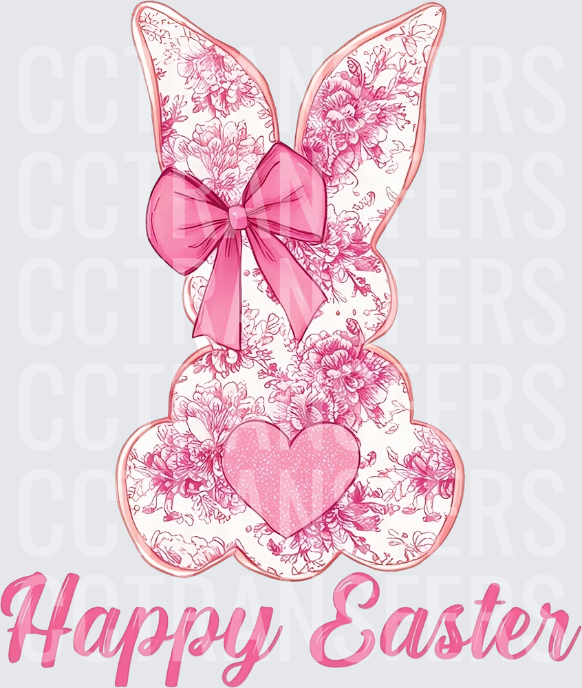 Happy Easter Pink Floral Bunny with Bow and Heart (DTF)