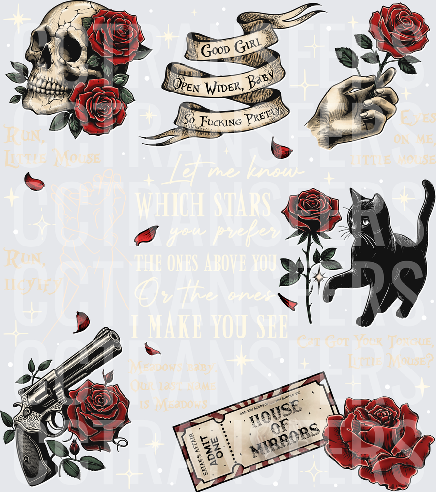 Dark Romance Skull Roses Gun Black Cat Mirror Ticket Sheet (DTF)