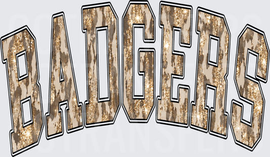 Badgers Arched Varsity Letters Gold Glitter Cowhide (DTF)