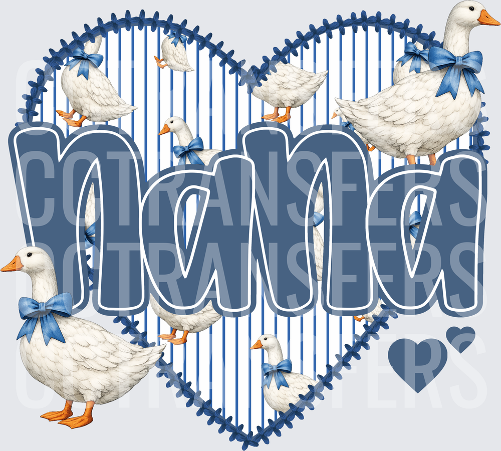 Nana Blue Heart White Geese Blue Bow Stripes (DTF)