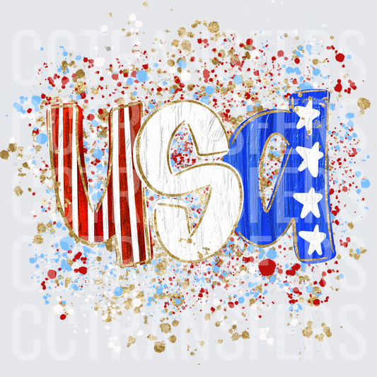 USA Red Stripes White Stars Blue Letters Paint Splatter (DTF)