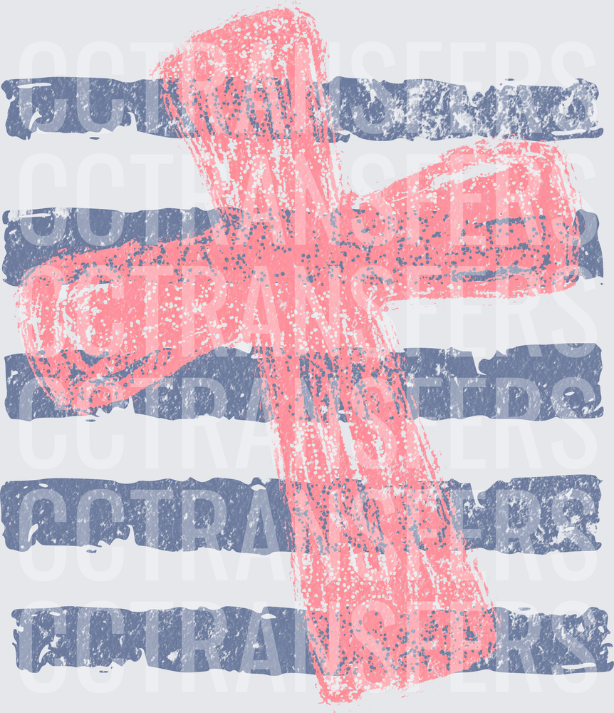Crayon Sketch Christian Cross Over Navy Stripes (DTF)