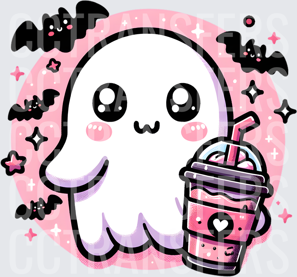 Kawaii Ghost Holding Iced Drink With Cute Bats (DTF)