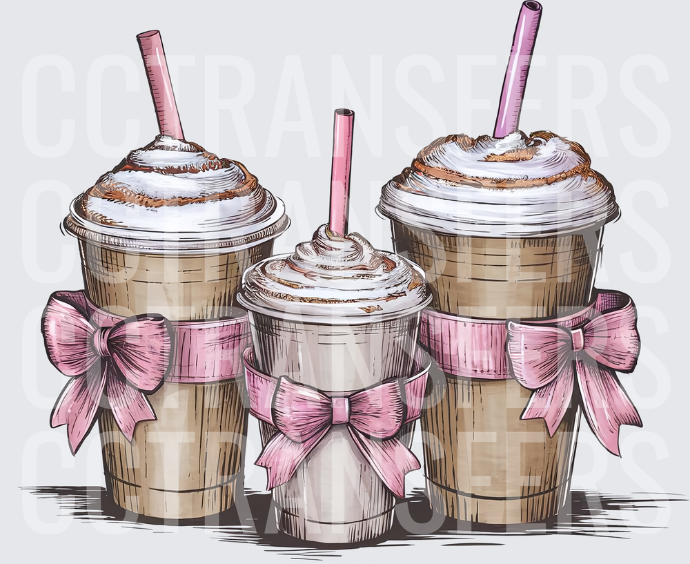 Trio of Whipped Cream Iced Coffee Cups with Pink Bows (DTF)