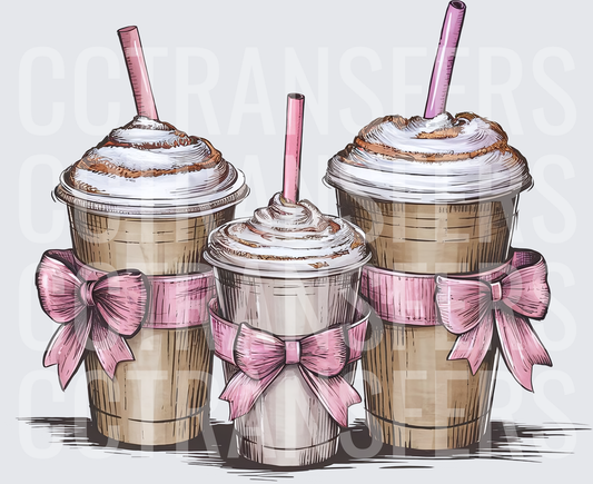 Trio of Whipped Cream Iced Coffee Cups with Pink Bows (DTF)