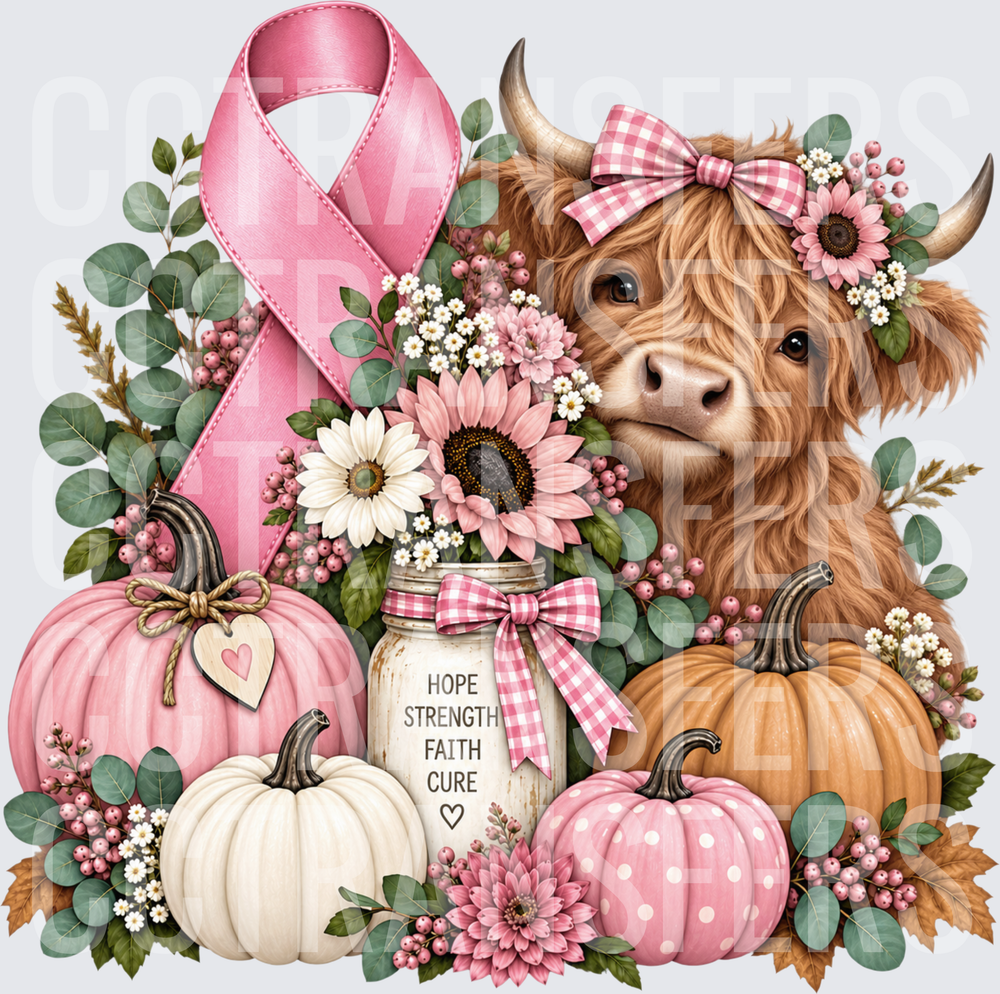 Hope Strength Faith Cure Highland Cow Pink Ribbon Fall (DTF)