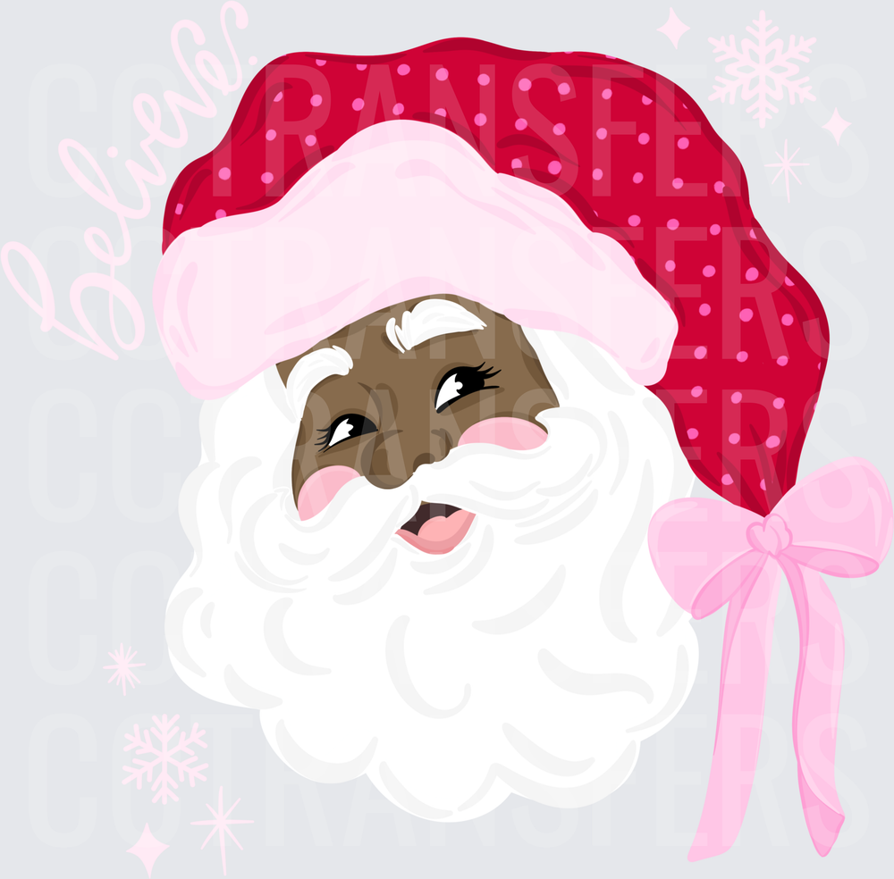 Believe Black Santa Pink Polka Dot Hat Bow Snowflakes (DTF)