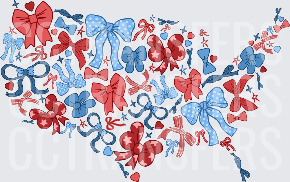 Patriotic Red White Blue Bows USA Map Shape (DTF)