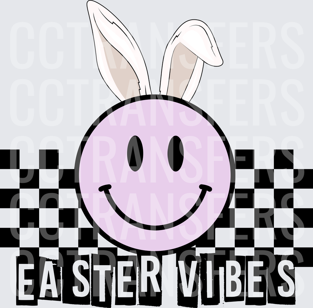 Easter Vibes Lavender Smiley Face Bunny Ears Checkered (DTF)