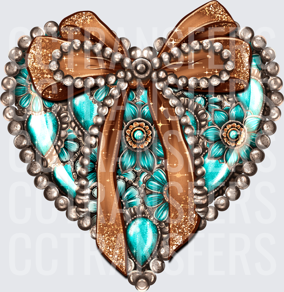 Turquoise Floral Heart Silver Beaded Bronze Glitter Bow (DTF)
