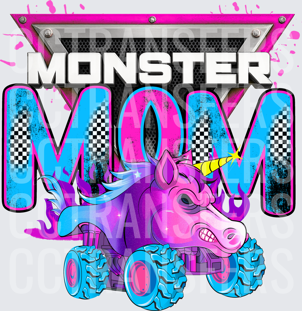 Monster Mom Unicorn Monster Truck Checkered Pink Blue (DTF)
