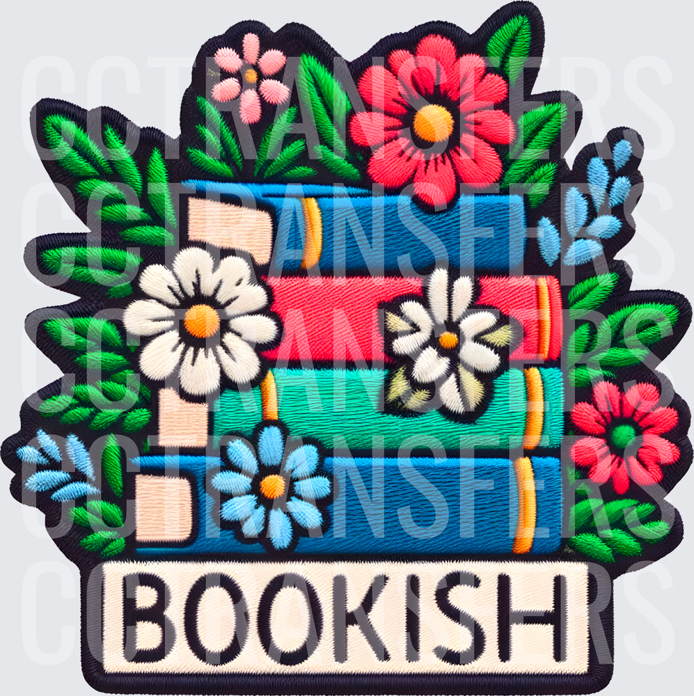 Bookish Embroidered Patch Stack of Books with Flowers (DTF)