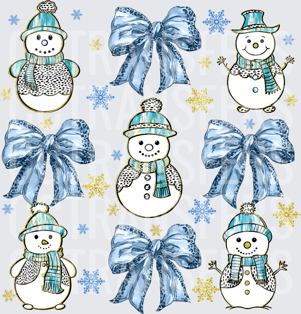Blue Leopard Bow Snowman Cluster with Snowflakes (DTF)