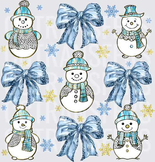 Blue Leopard Bow Snowman Cluster with Snowflakes (DTF)