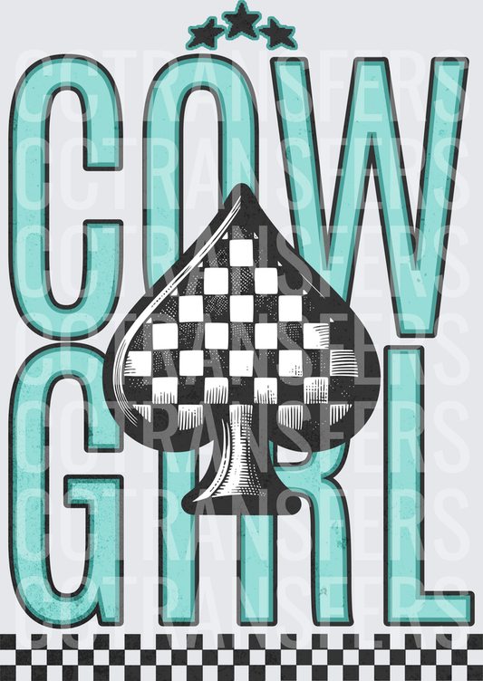 Cowgirl Teal Bold Text Checkered Spade Stars (DTF)