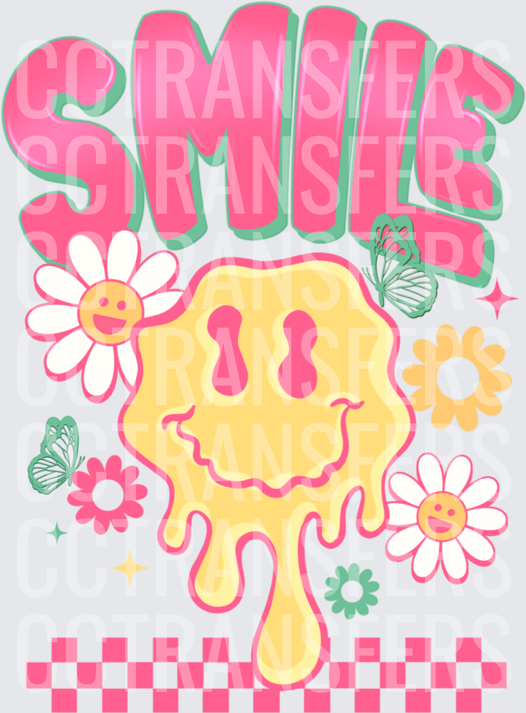 Smile Melting Smiley Face Retro Floral Checkered (DTF)